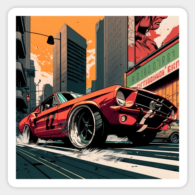 Comic Classic Mustang Drift Print Sticker by Auto-Prints